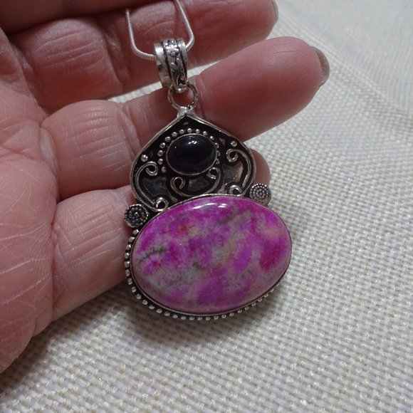 Beautiful "DENDRITE OPAL & AMETHYST" Handmade Sterling Pendant/Chain #532B - Picture 1 of 3
